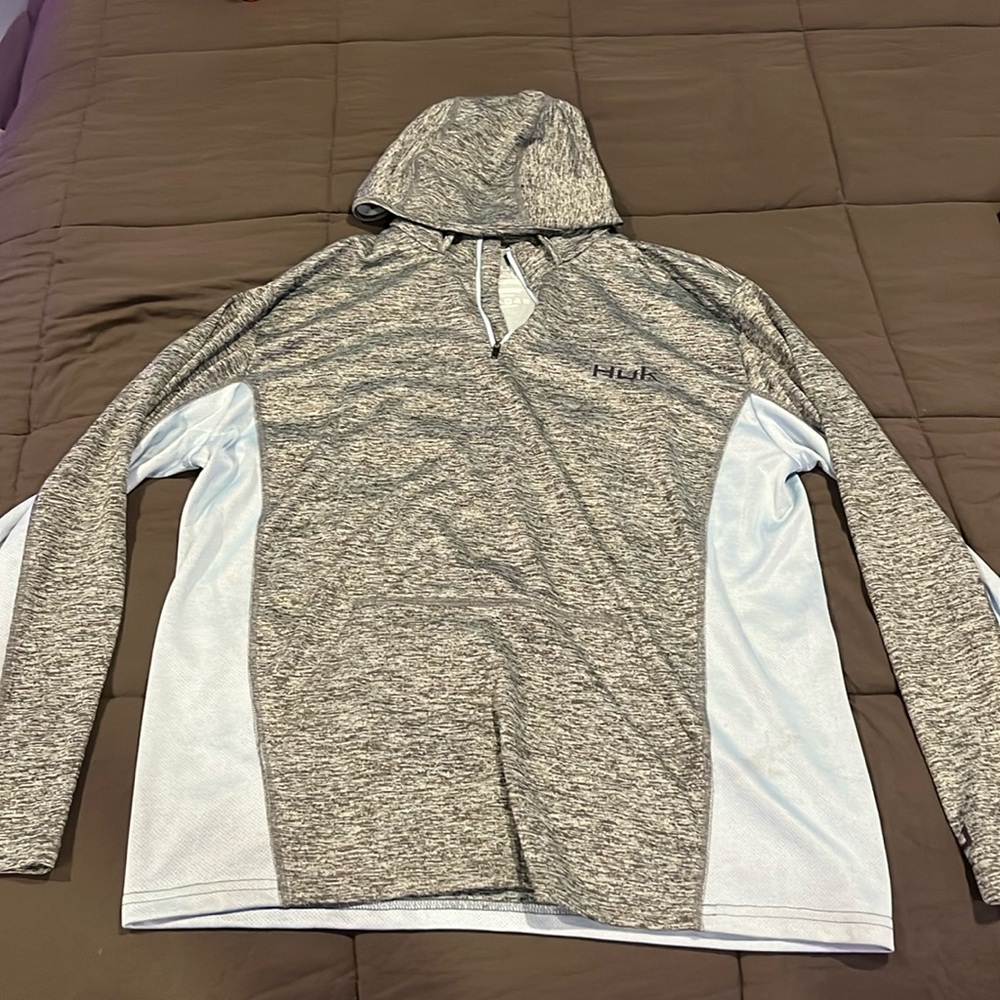 Huk Fishing Men’s Lightweight Quarterzip Hoodie Heather Grey/Light Blue Size L
